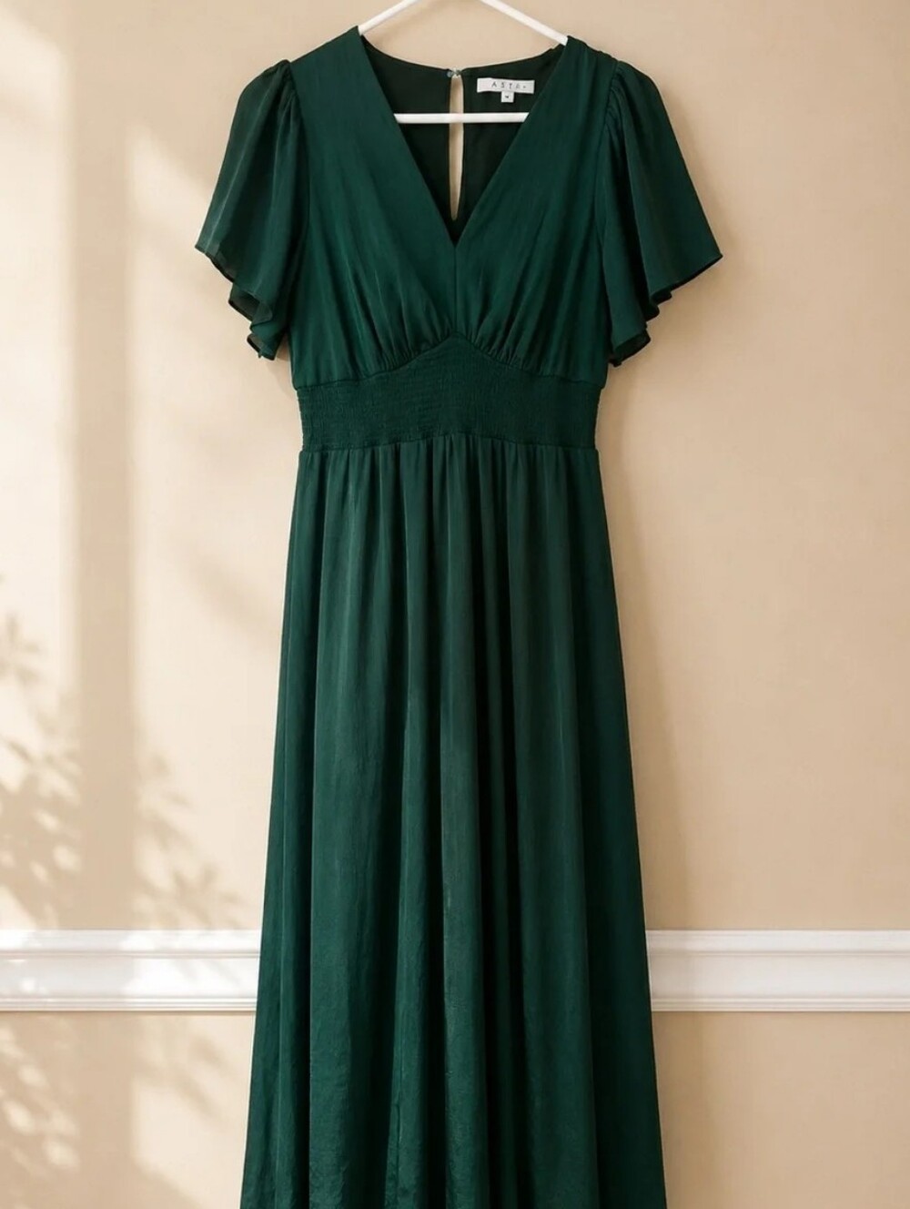 Baltic Born Prague Satin Smocked Empire Waist Maxi Dress Dark Green M - Picture 3 of 13